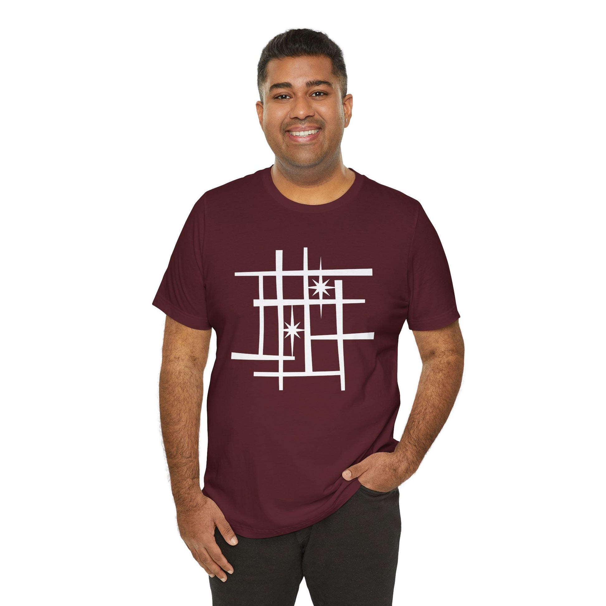 Mid Century Modern Retro Tee, Atomic Starburst Unisex T-Shirt - Mondrian Bauhaus Inspired, Birthday Gift Men Women, 1950s 1960s Palm Springs