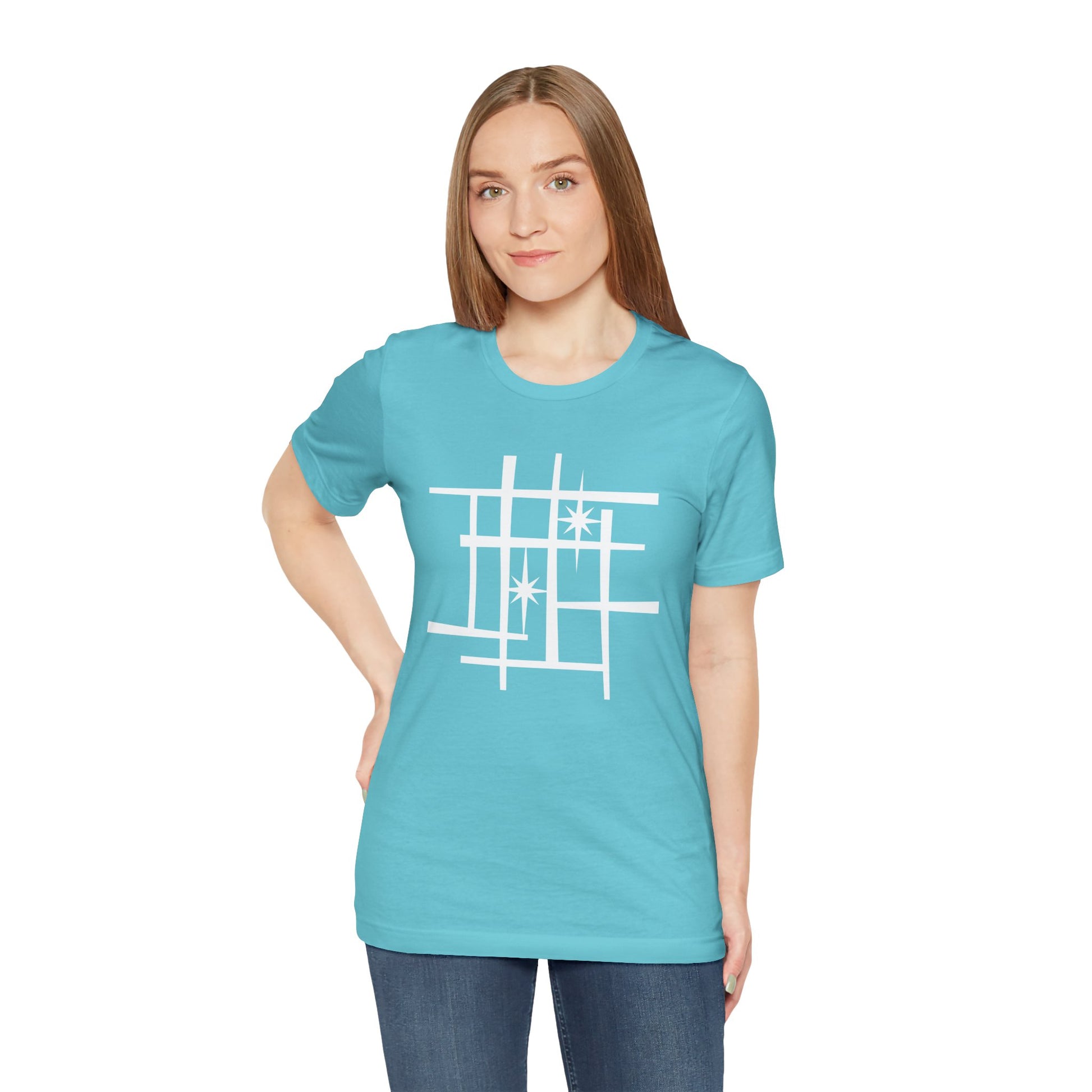 Mid Century Modern Retro Tee, Atomic Starburst Unisex T-Shirt - Mondrian Bauhaus Inspired, Birthday Gift Men Women, 1950s 1960s Palm Springs