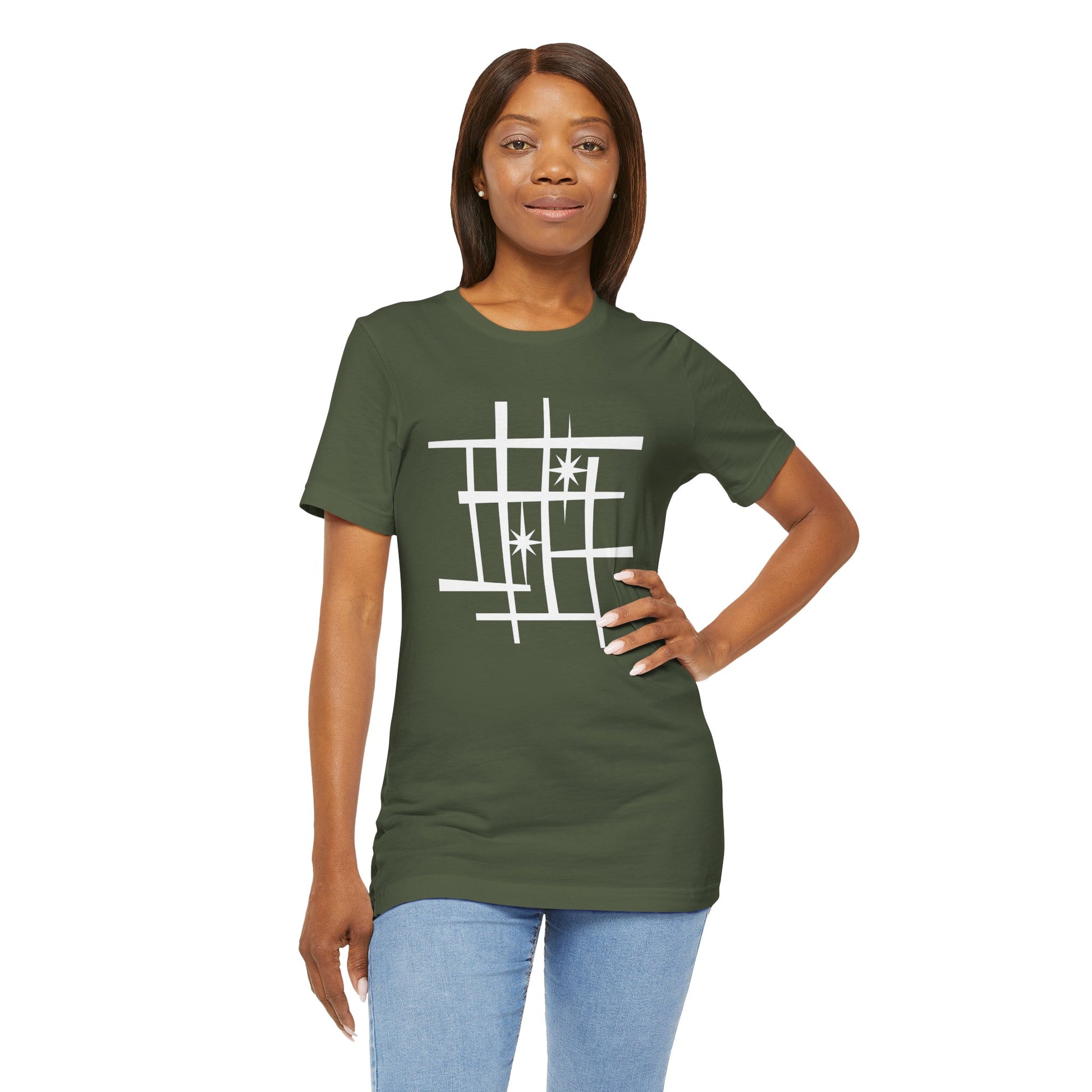 Mid Century Modern Retro Tee, Atomic Starburst Unisex T-Shirt - Mondrian Bauhaus Inspired, Birthday Gift Men Women, 1950s 1960s Palm Springs