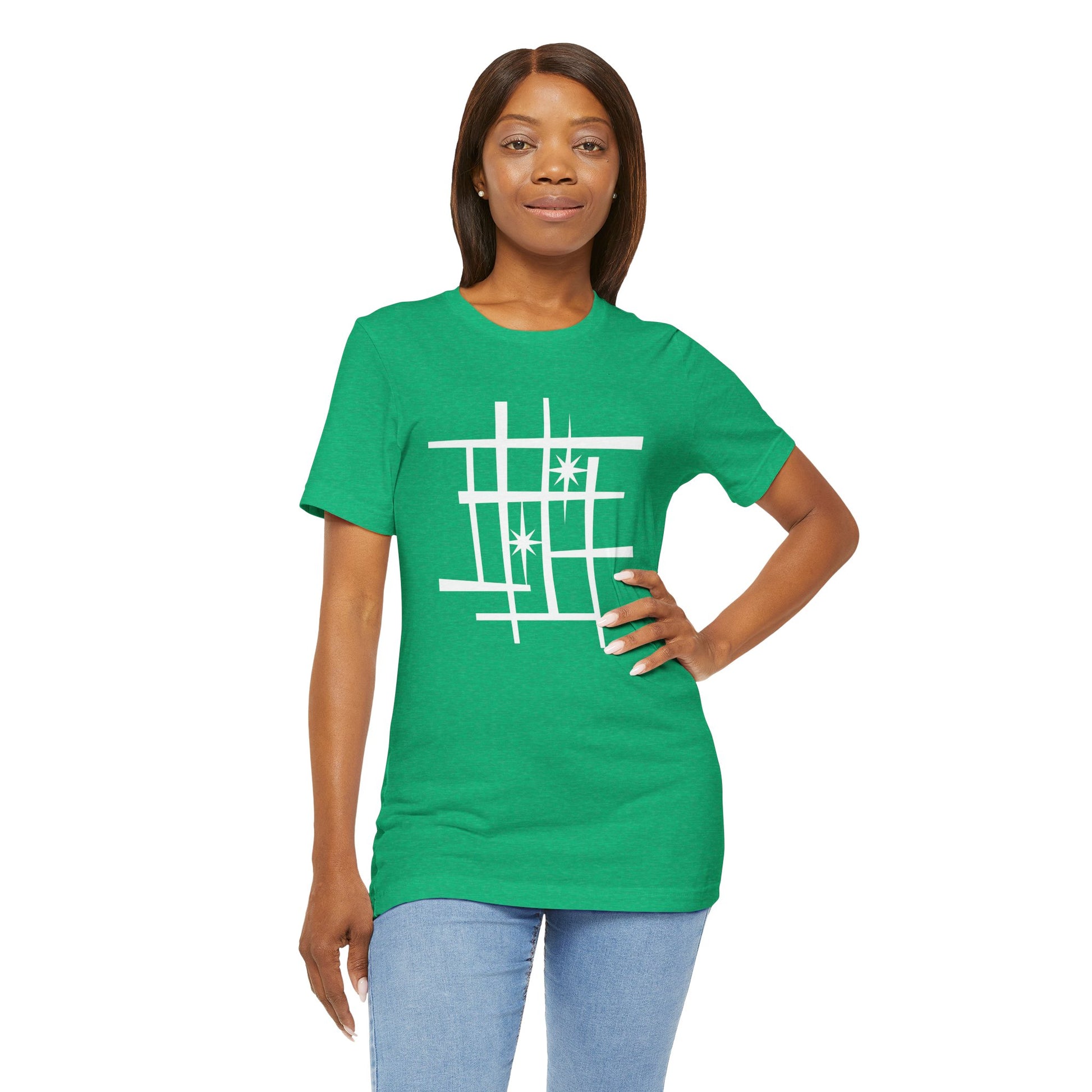 Mid Century Modern Retro Tee, Atomic Starburst Unisex T-Shirt - Mondrian Bauhaus Inspired, Birthday Gift Men Women, 1950s 1960s Palm Springs