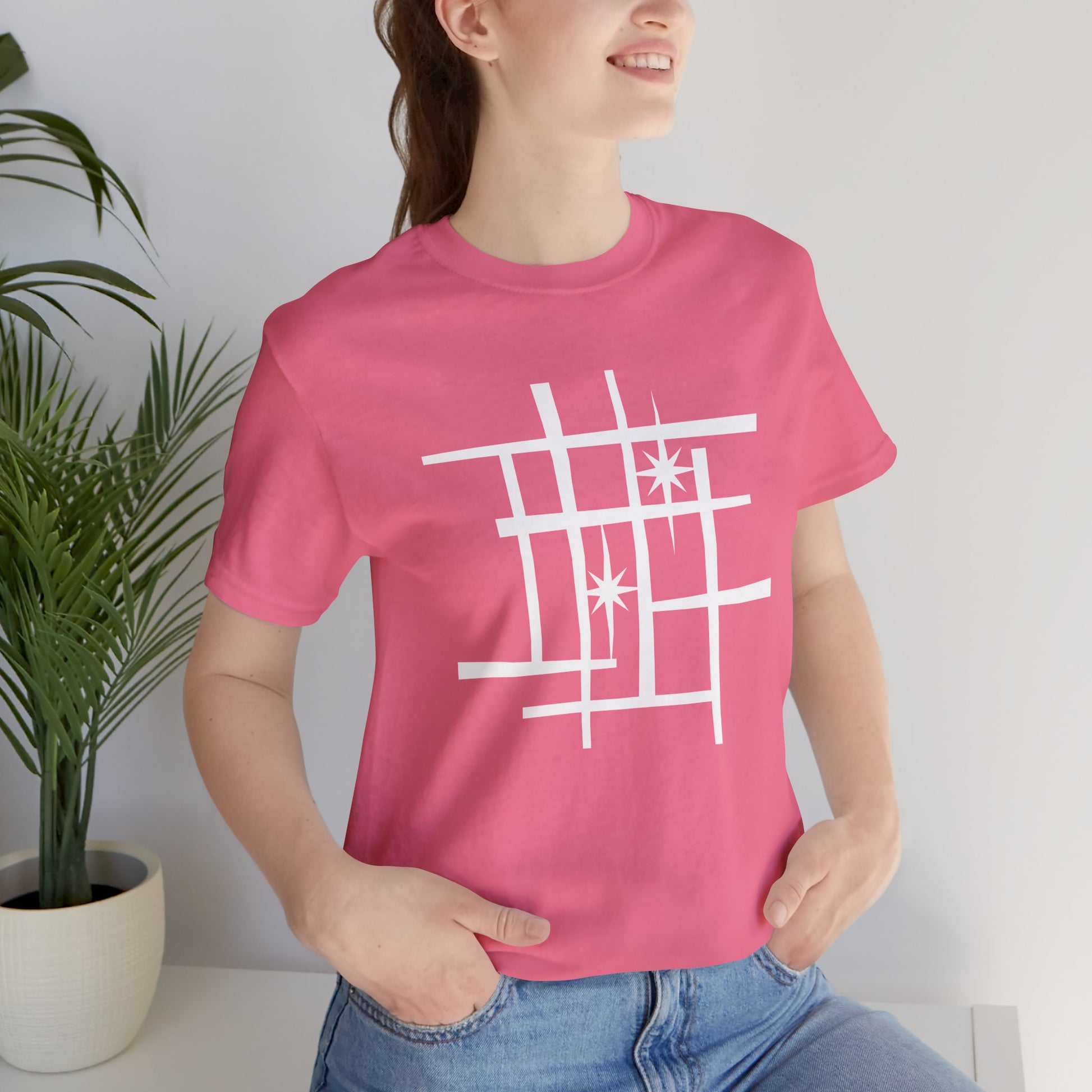 Mid Century Modern Retro Tee, Atomic Starburst Unisex T-Shirt - Mondrian Bauhaus Inspired, Birthday Gift Men Women, 1950s 1960s Palm Springs