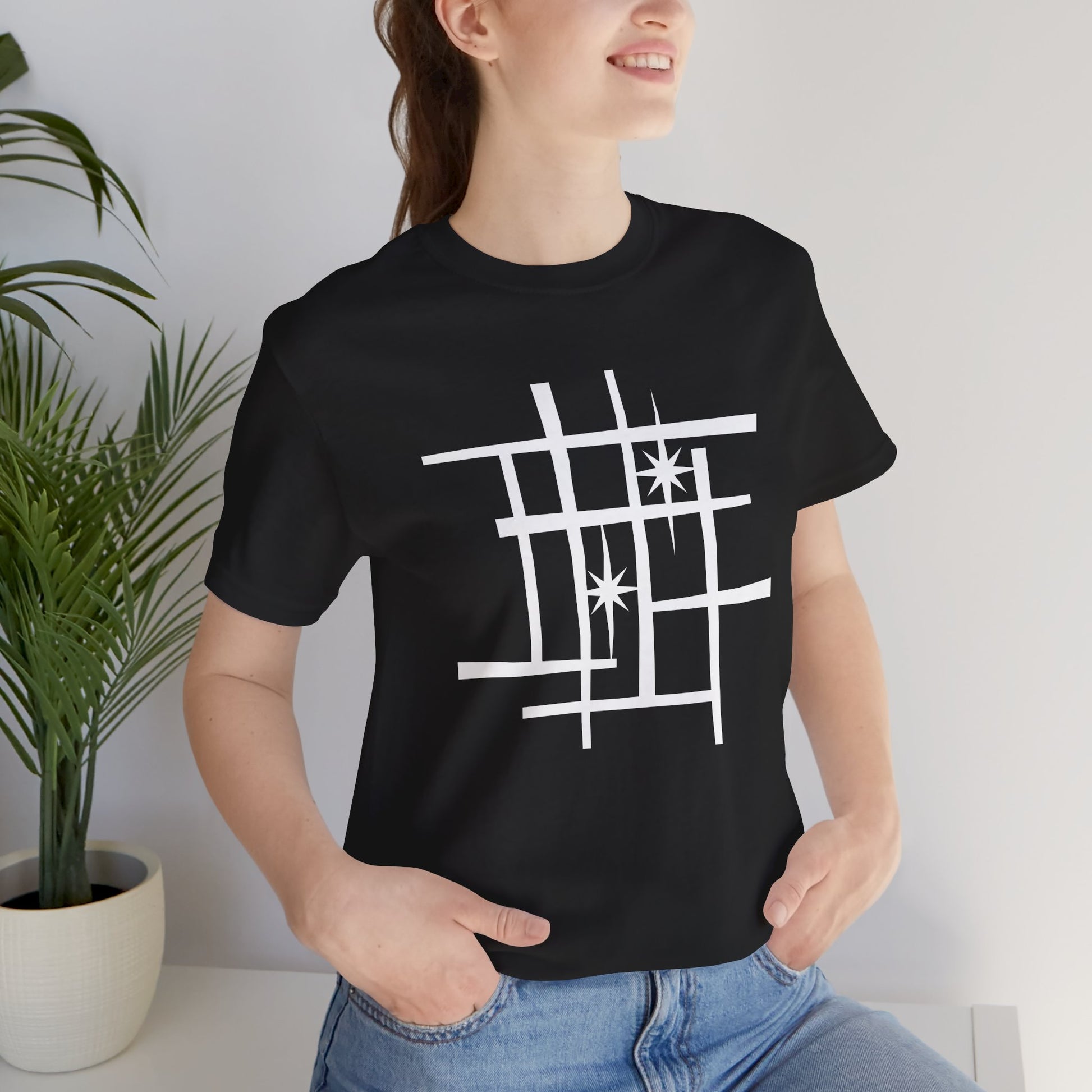 Mid Century Modern Retro Tee, Atomic Starburst Unisex T-Shirt - Mondrian Bauhaus Inspired, Birthday Gift Men Women, 1950s 1960s Palm Springs