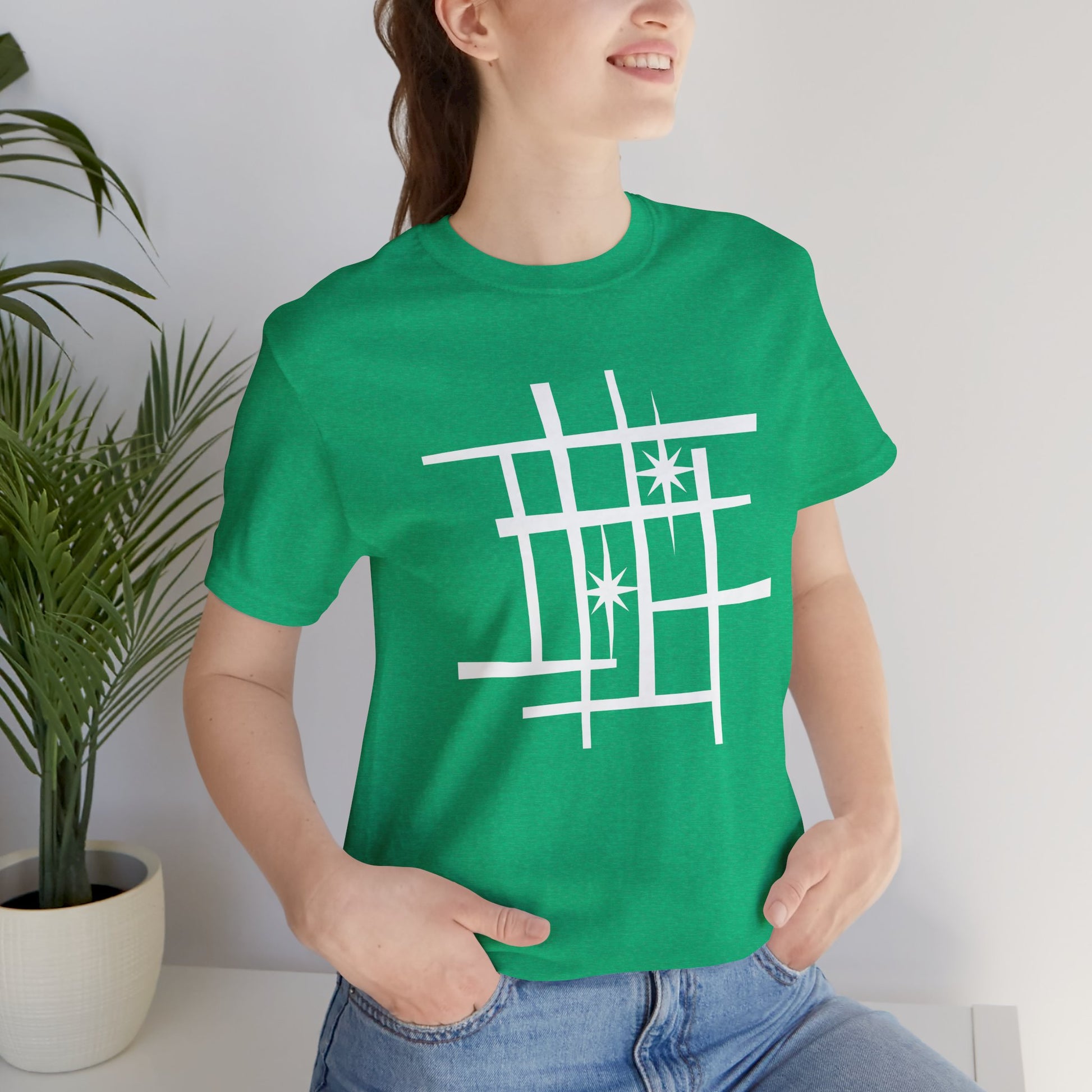 Mid Century Modern Retro Tee, Atomic Starburst Unisex T-Shirt - Mondrian Bauhaus Inspired, Birthday Gift Men Women, 1950s 1960s Palm Springs