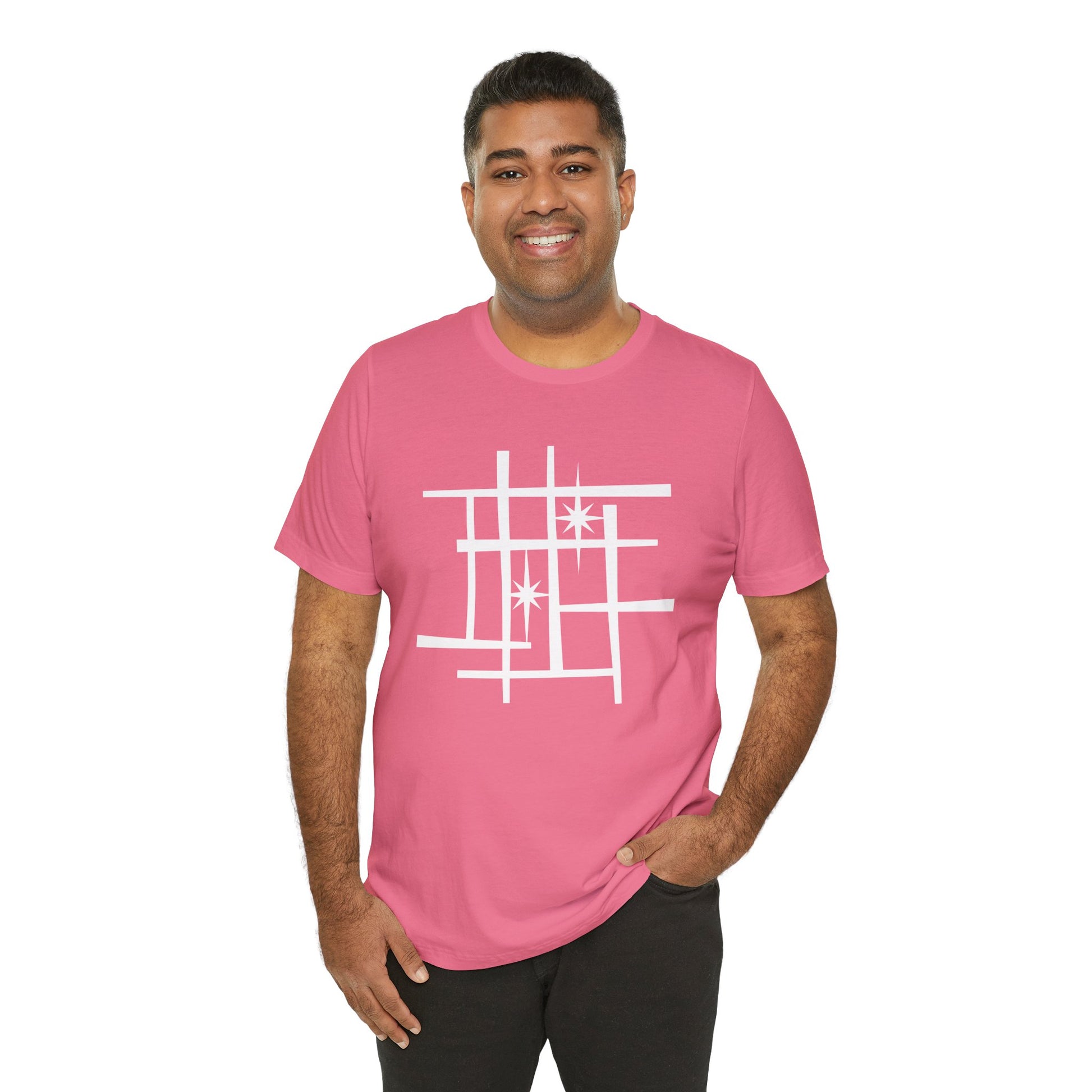 Mid Century Modern Retro Tee, Atomic Starburst Unisex T-Shirt - Mondrian Bauhaus Inspired, Birthday Gift Men Women, 1950s 1960s Palm Springs
