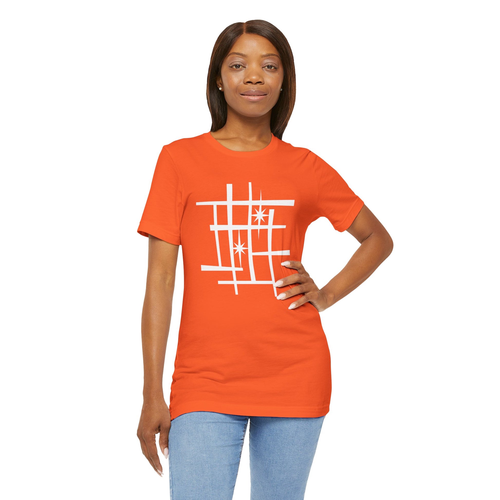 Mid Century Modern Retro Tee, Atomic Starburst Unisex T-Shirt - Mondrian Bauhaus Inspired, Birthday Gift Men Women, 1950s 1960s Palm Springs