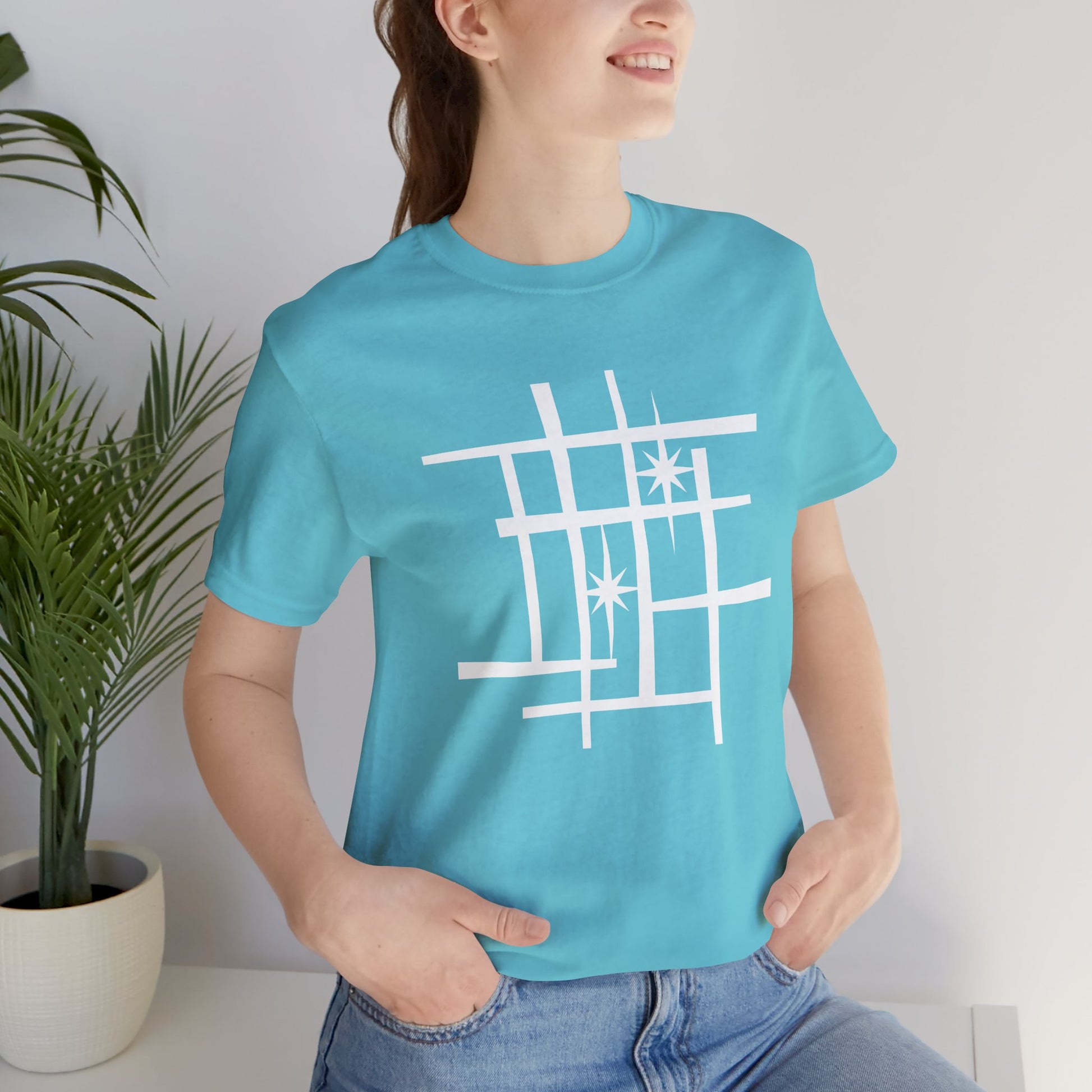 Mid Century Modern Retro Tee, Atomic Starburst Unisex T-Shirt - Mondrian Bauhaus Inspired, Birthday Gift Men Women, 1950s 1960s Palm Springs