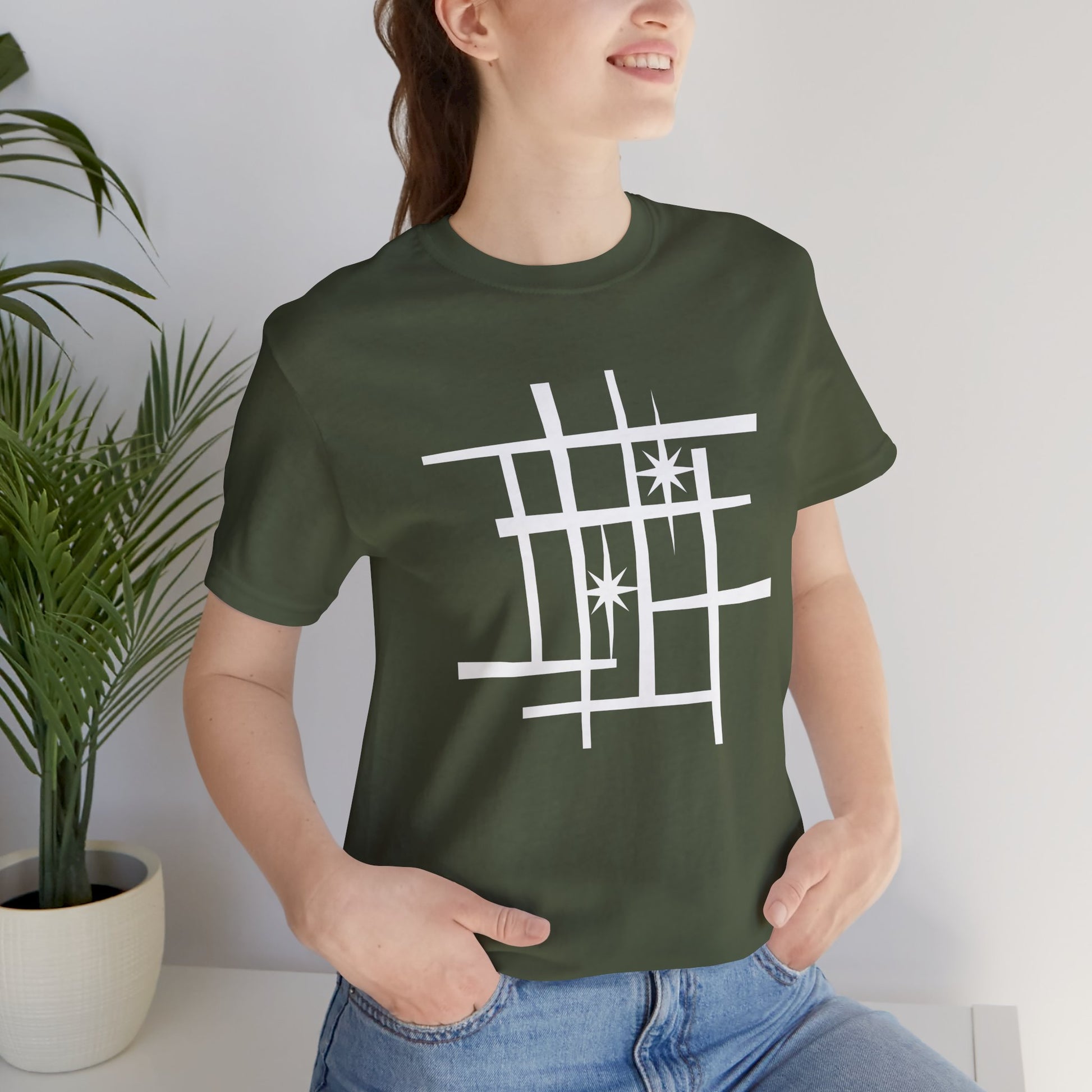 Mid Century Modern Retro Tee, Atomic Starburst Unisex T-Shirt - Mondrian Bauhaus Inspired, Birthday Gift Men Women, 1950s 1960s Palm Springs