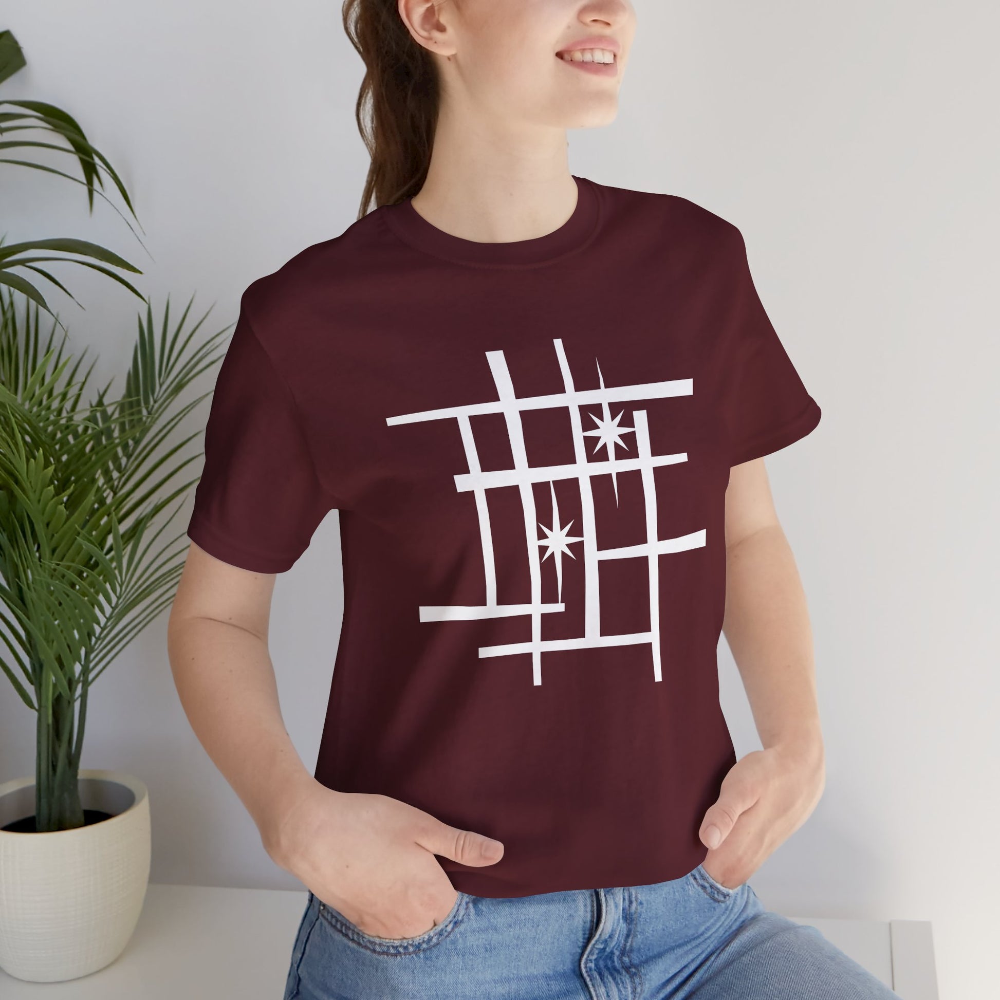 Mid Century Modern Retro Tee, Atomic Starburst Unisex T-Shirt - Mondrian Bauhaus Inspired, Birthday Gift Men Women, 1950s 1960s Palm Springs