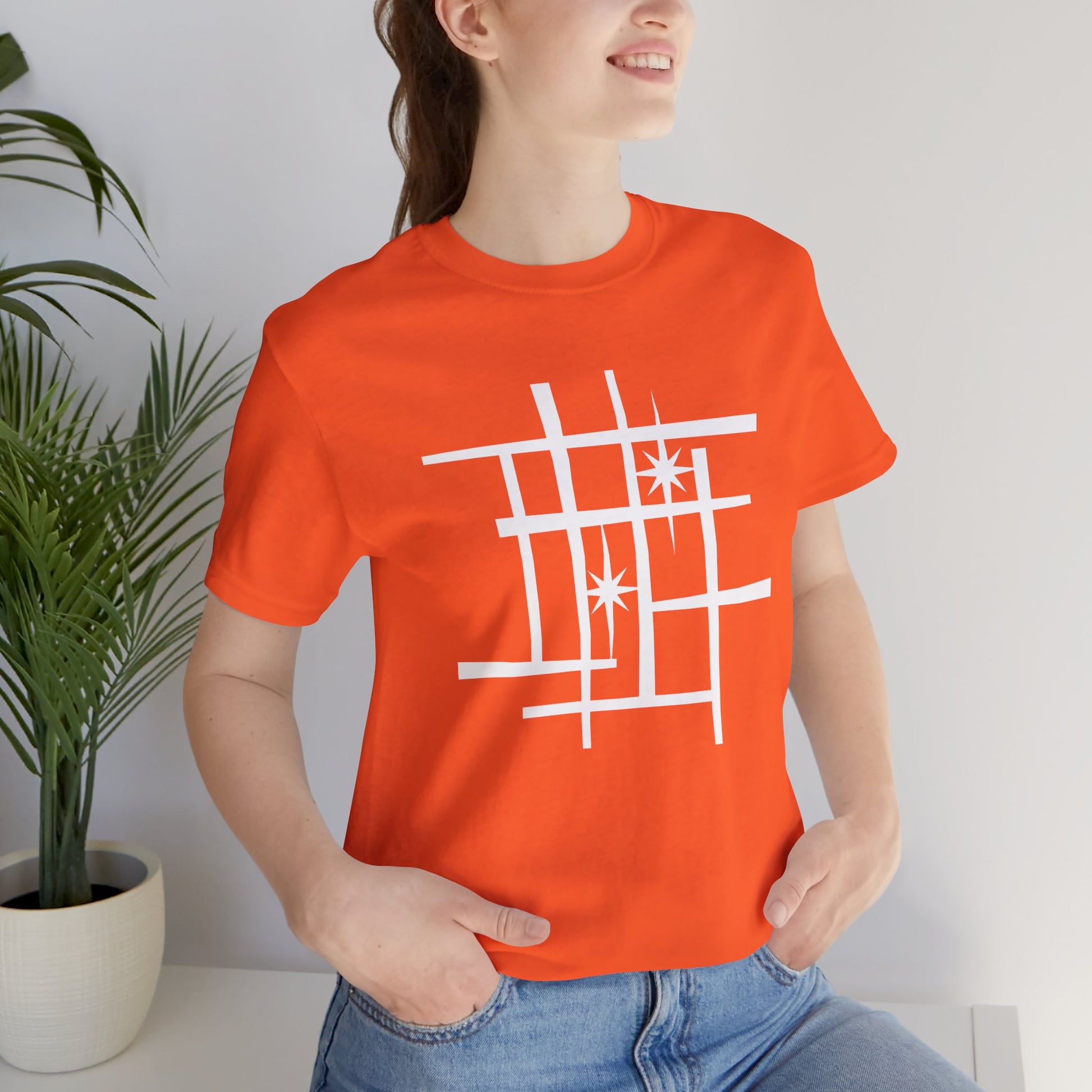 Mid Century Modern Retro Tee, Atomic Starburst Unisex T-Shirt - Mondrian Bauhaus Inspired, Birthday Gift Men Women, 1950s 1960s Palm Springs