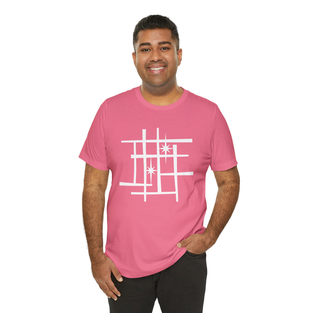 Mid Century Modern Retro Tee, Atomic Starburst Unisex T-Shirt - Mondrian Bauhaus Inspired, Birthday Gift Men Women, 1950s 1960s Palm Springs