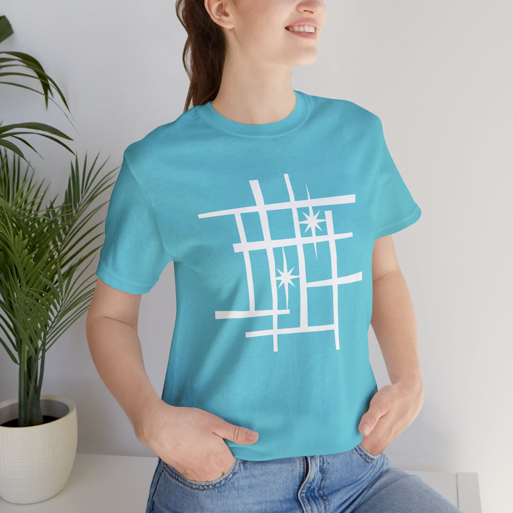 Mid Century Modern Retro Tee, Atomic Starburst Unisex T-Shirt - Mondrian Bauhaus Inspired, Birthday Gift Men Women, 1950s 1960s Palm Springs