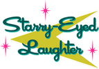 Logo with 'Starry-Eyed Laughter' text on a yellow starburst background with pink stars.